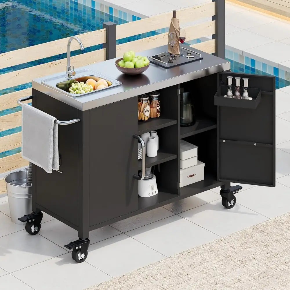 54.5" Outdoor Kitchen Island with Sink, Grill Cart with 4 Locking Wheels, Rolling BBQ Prep Station & Storage Cabinet, Customized