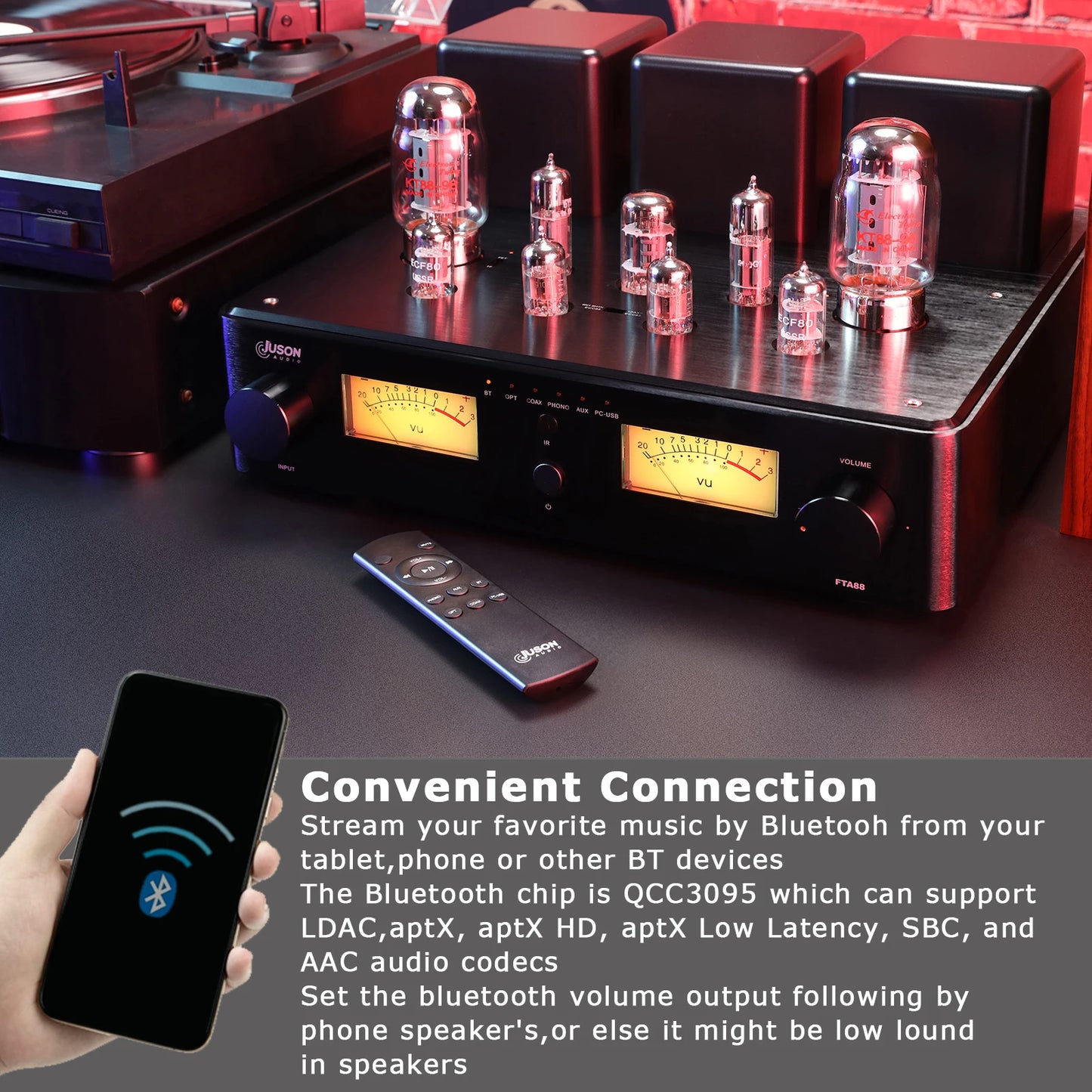 Juson Audio FTA88-N 180W KT88 HiFi Tube Amp Class A Phono Vacuum Amp With Mosfet Single Ended Dual Mode Remote LDAC aptX-HD