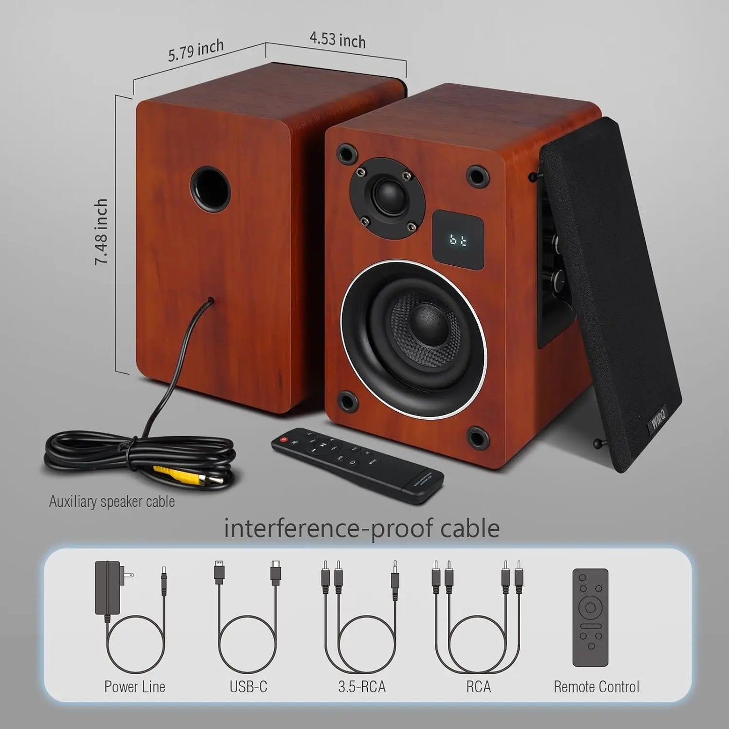 Bluetooth 5.3 Bookshelf Speakers, 60W Powered with Remote, LED Display, Carbon Fiber Woofer, RCA/AUX, Wooden, for Turntable PC TV Gaming Brown