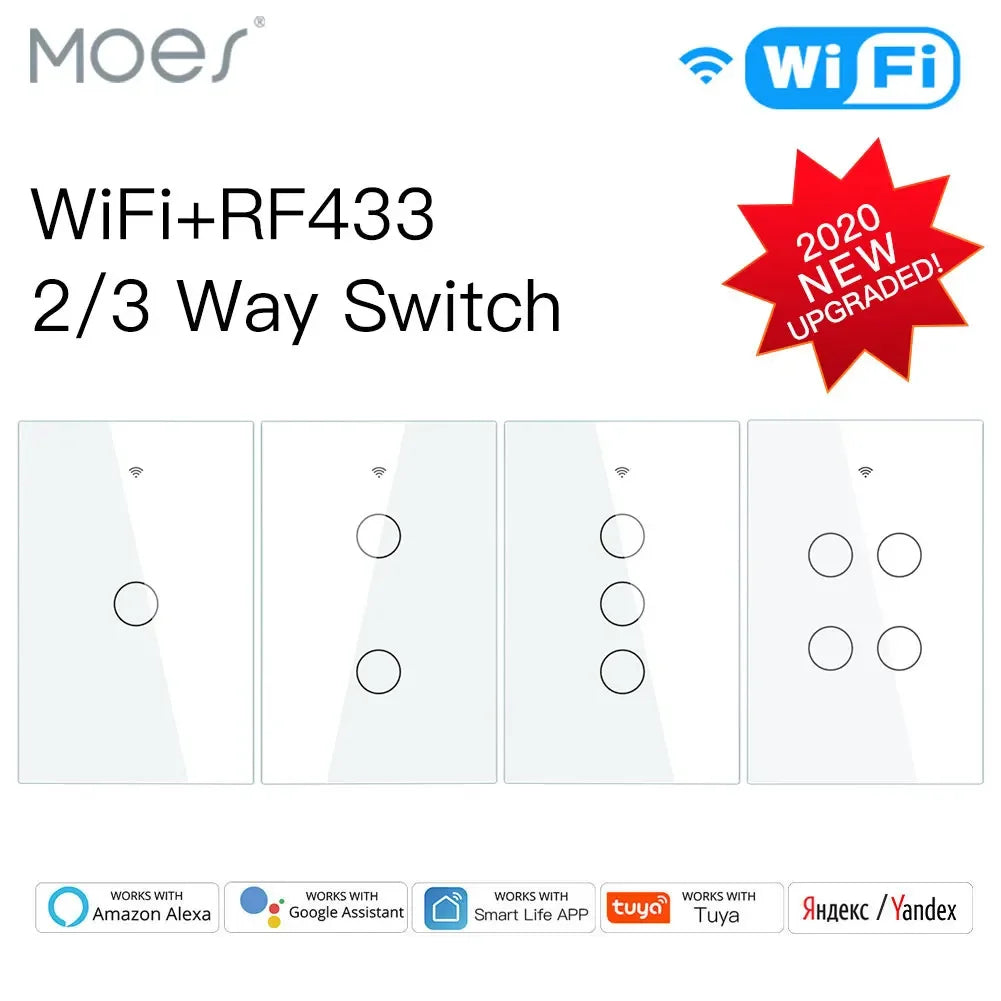 WiFi Smart Wall Light Switch Glass Panel RF433&Wi-Fi Smart Life Tuya APP Remote Control Works With Alexa Google Home 1/2/3 Gang