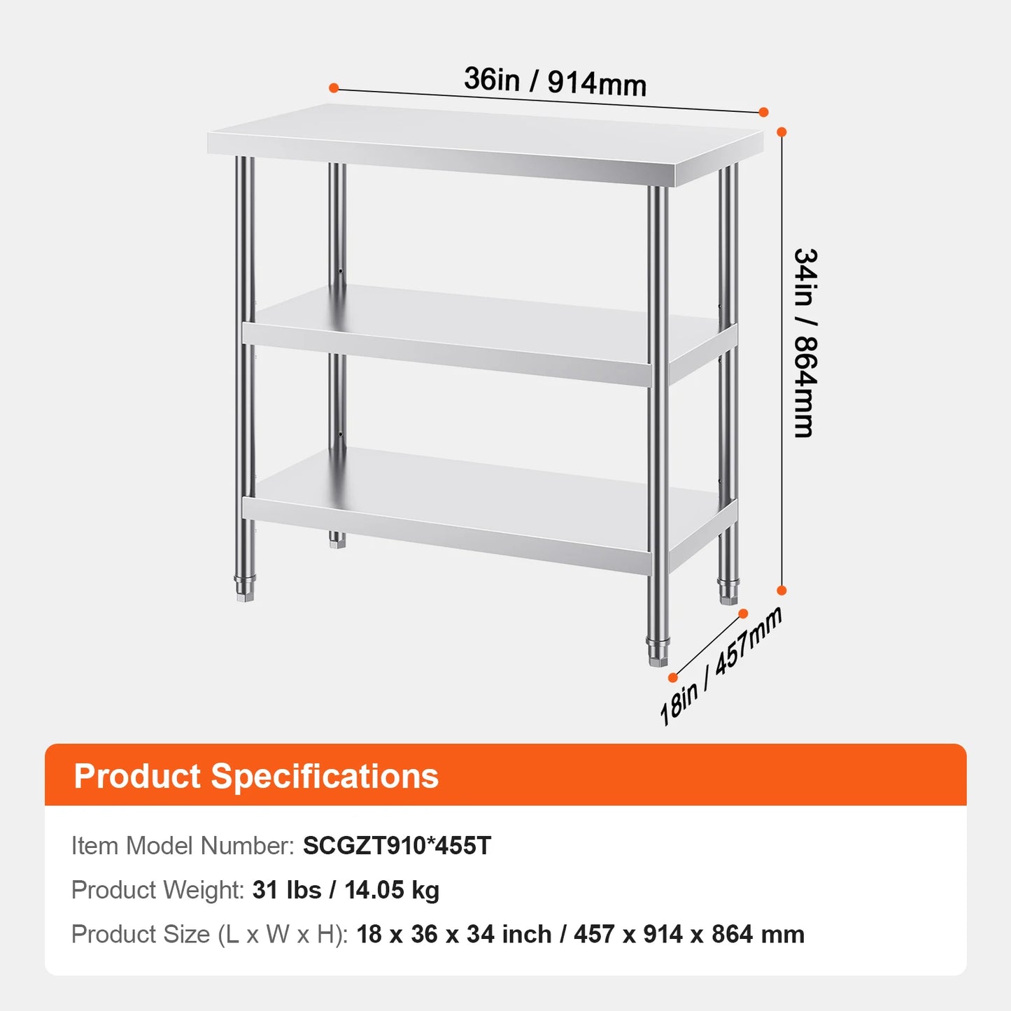 Stainless Steel Food Prep Table Commercial Kitchen Worktable with 2 Adjustable Undershelf for BBQ Kitchen Garage