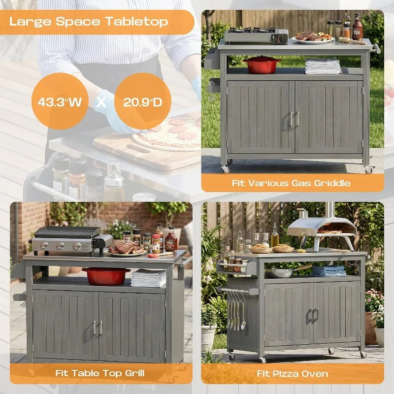 FUQARHY 43.3-Inch Solid Wood Outdoor Kitchen Island with Storage Cabinet, Grill Table with Stainless Steel Top, Outdoor Cooking