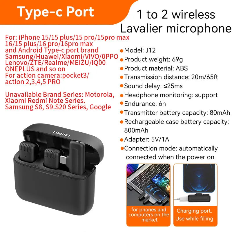 Wireless Lavalier Microphone Audio Video Recording Mini Mic Plug Play For Smartphone Android iPhone Live Broadcast