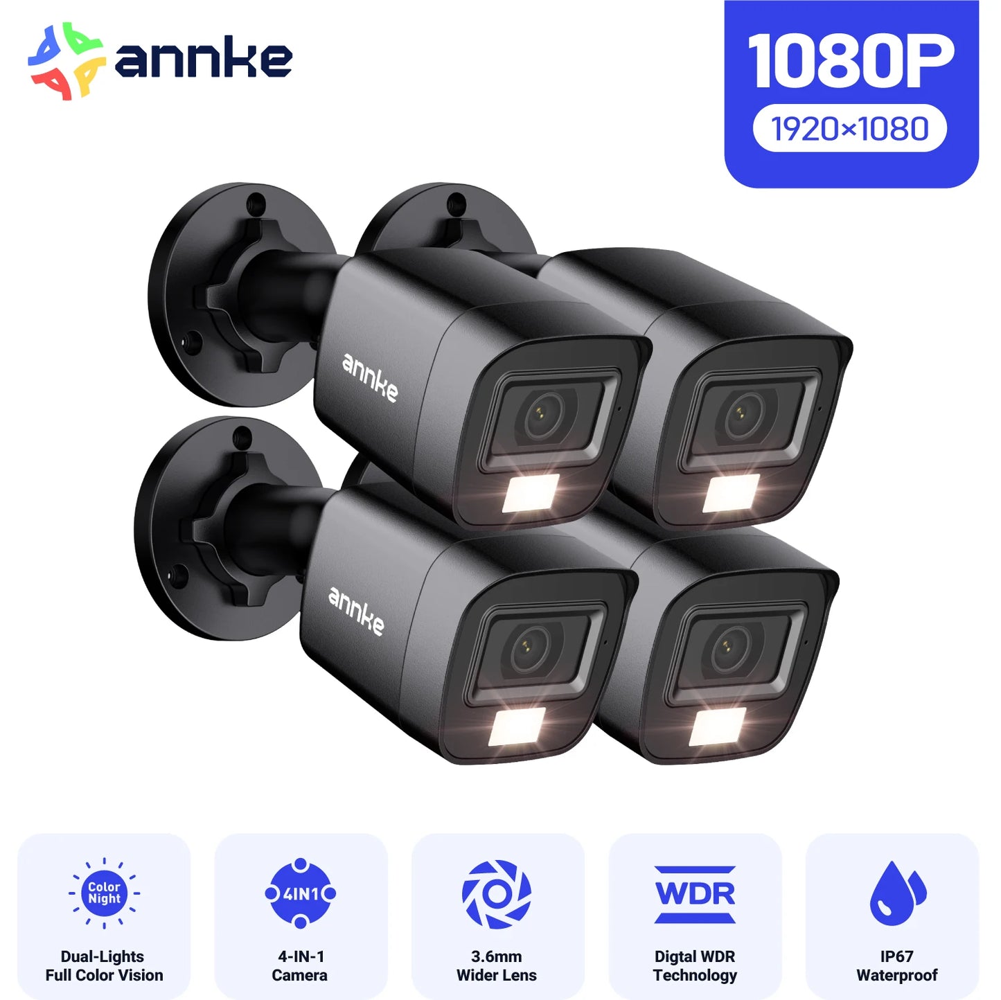 Security Camera Kit 4PCS 2MP Bullet Outdoor Weatherproof Housing 66ft Super Night Vision Smart IR CCTV Camera