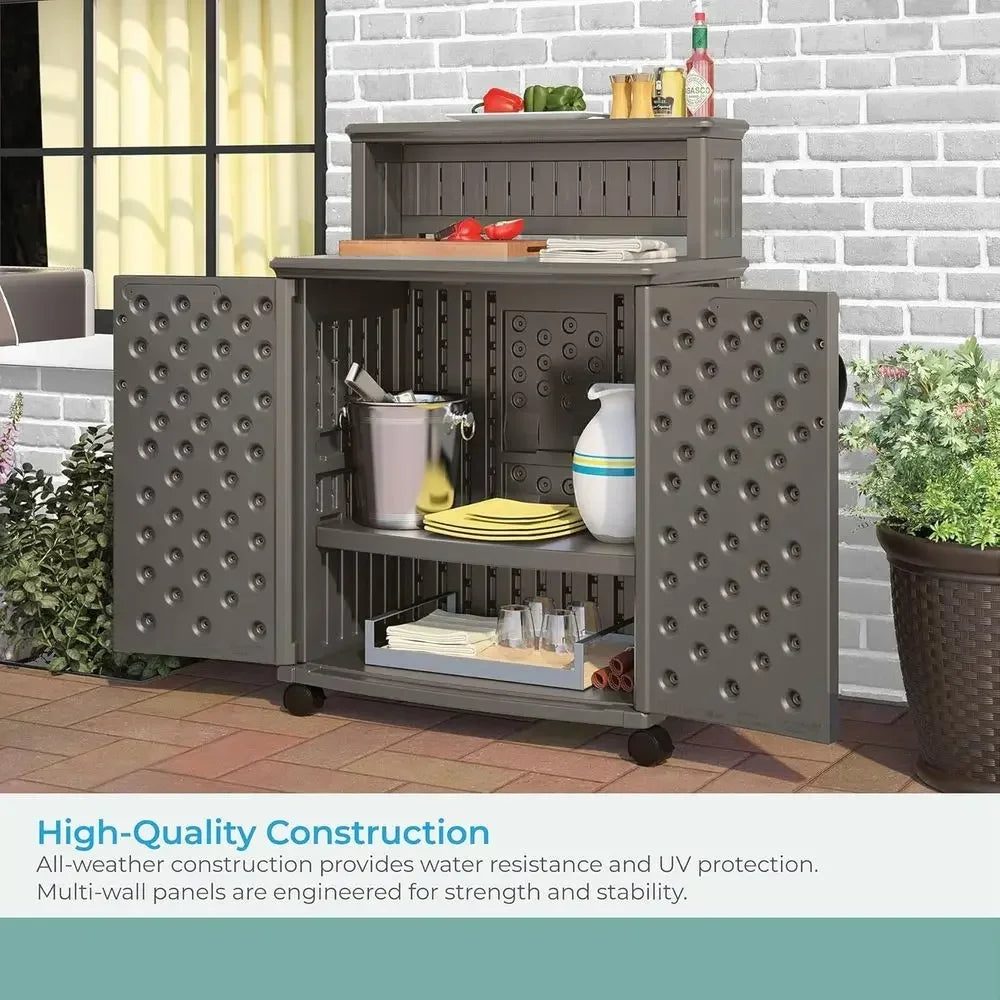 47-Gallon Outdoor Rolling Storage Cabinet with Adjustable Shelves and Utensil Hooks, American-Made Grill Prep Station