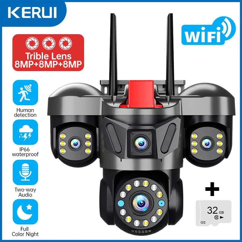 24MP Outdoor WiFi Camera Triple Lens Home Security CCTV Video Surveillance System With Night Vision Triple Screens