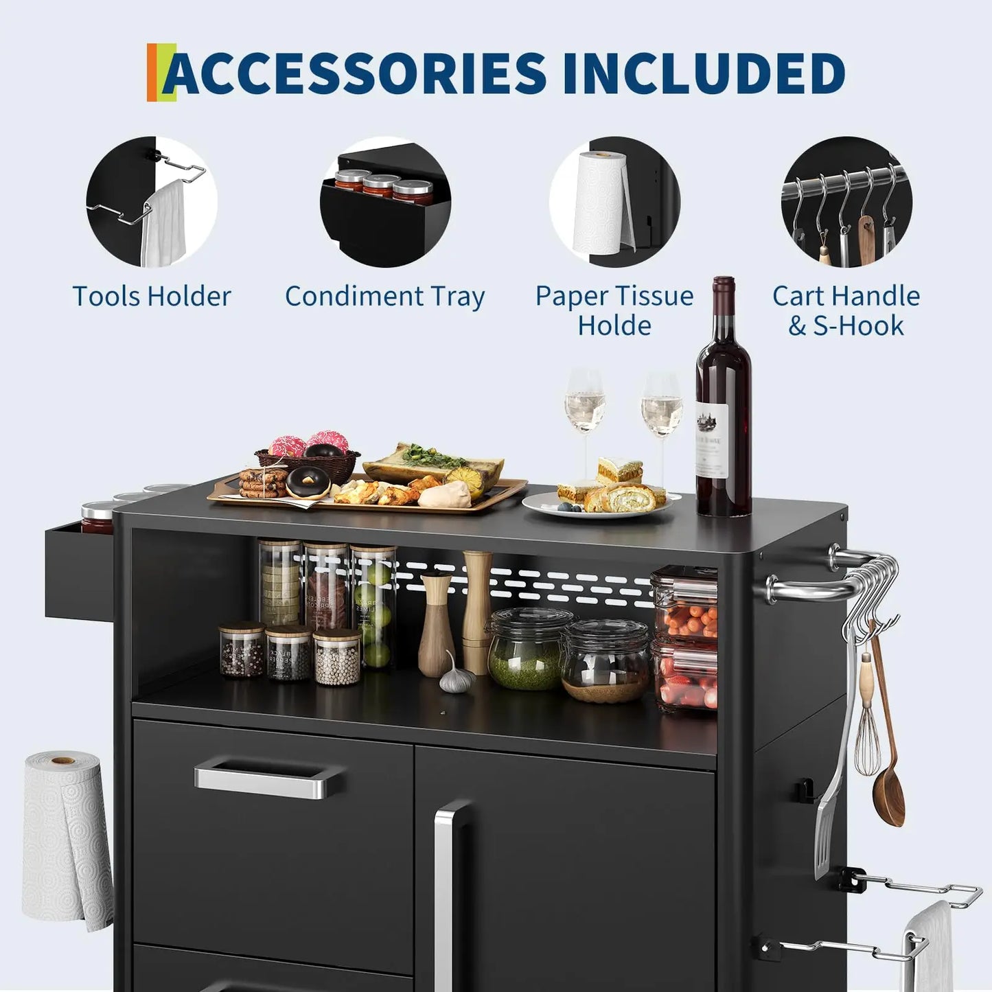 Outdoor Grill Cart With Stainless Steel Prep Table 3 Tier Mobile Kitchen Island With Storage Cabinet And Drawers Lockable Wheels For BBQ Patio Backyard Black