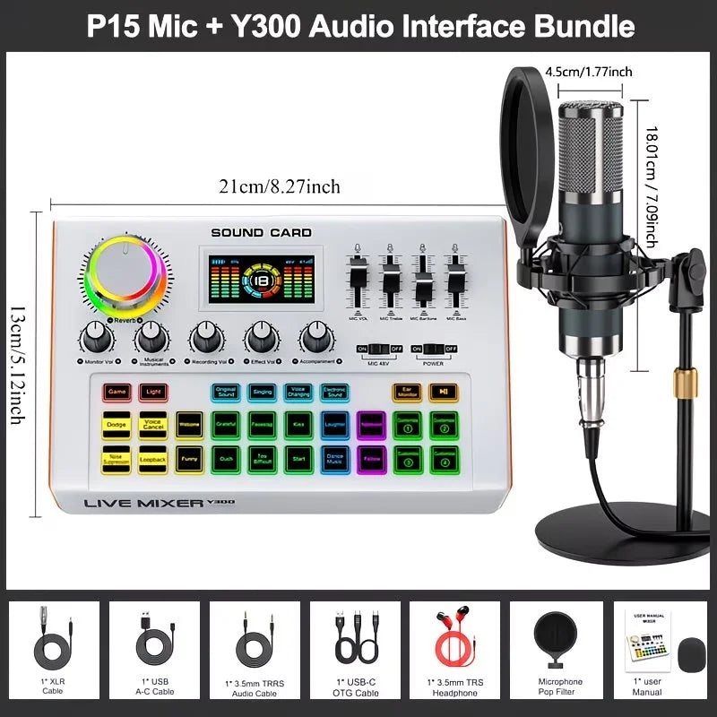 Tenlamp Professional Podcast Equipment Bundle Kit for 4 People, Studio Sound Card with 3.5mm Condenser Mic (Y300-P15B) for PC Smartphone Laptop Computer , Live Audio Mixer Voice Changer for Streaming Singing Gaming Recording