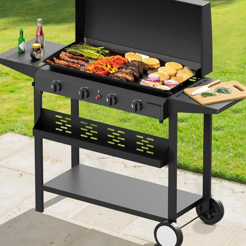 30-Inch Outdoor Portable Propane Gas Griddle with Hood and Side Shelves for BBQ, Camping, and Kitchen Use