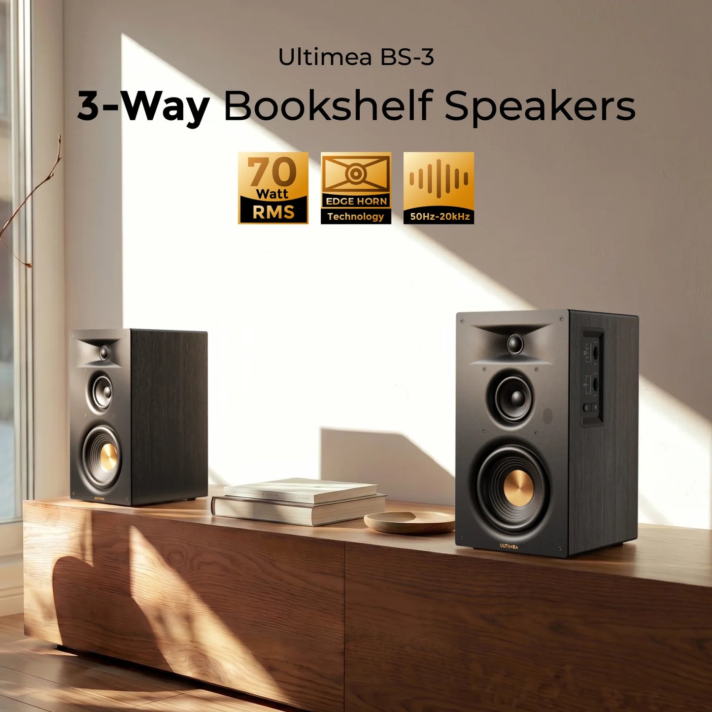 3-Way Bookshelf Speakers with 5.25'' Woofer, 70W RMS, App Control, Edge Horn Tech&BassMX for Home Theater, Record Player
