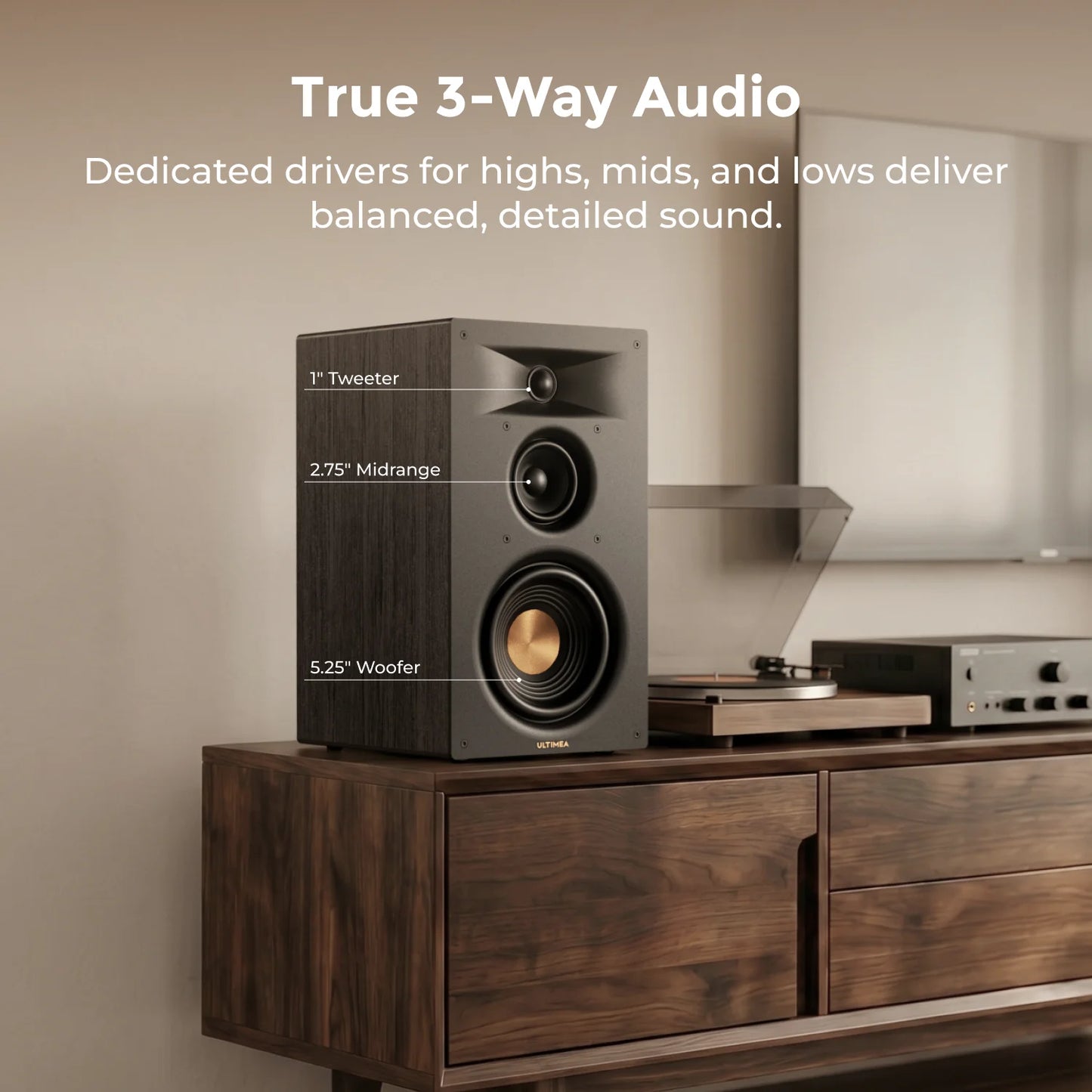 3-Way Bookshelf Speakers with 5.25'' Woofer, 70W RMS, App Control, Edge Horn Tech&BassMX for Home Theater, Record Player