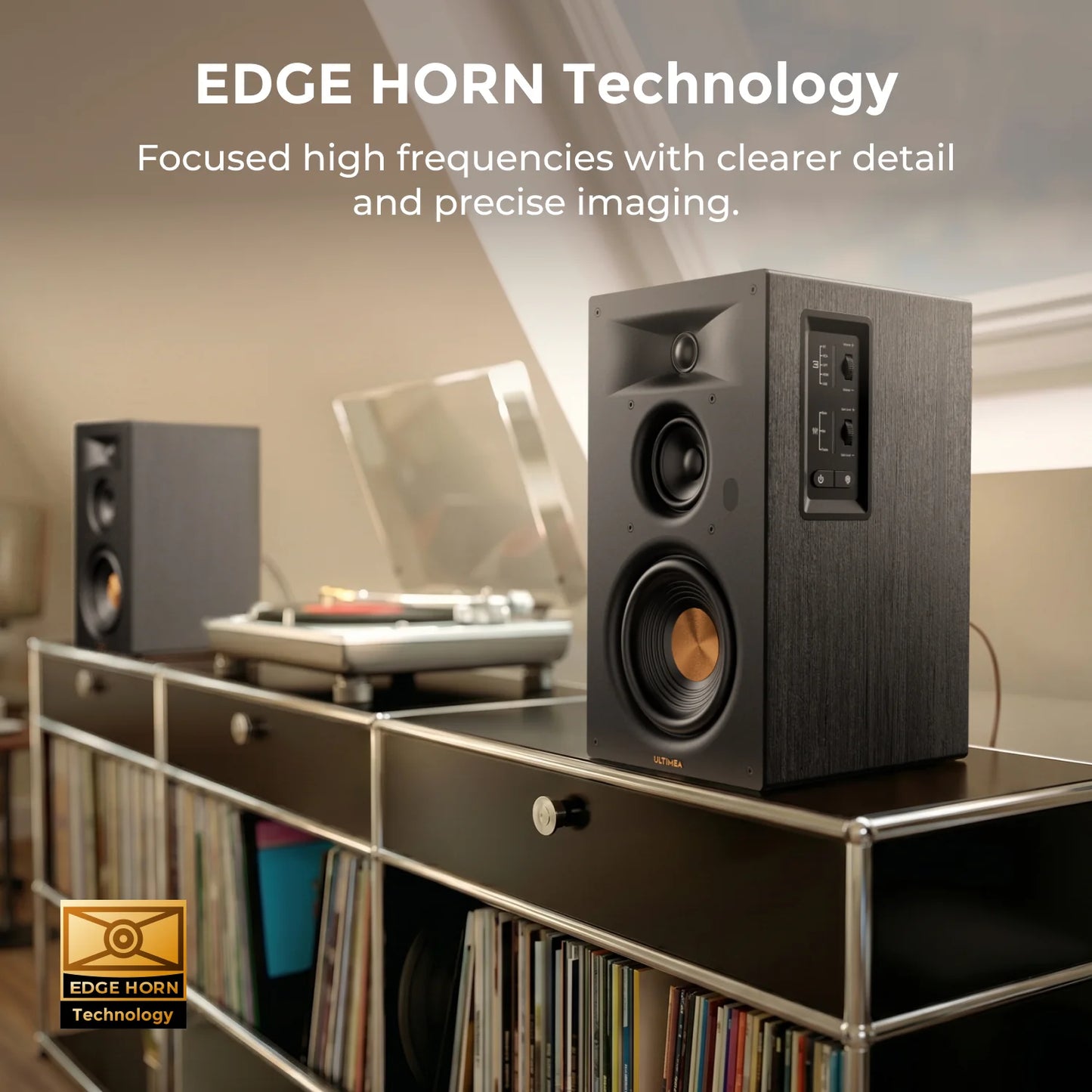 3-Way Bookshelf Speakers with 5.25'' Woofer, 70W RMS, App Control, Edge Horn Tech&BassMX for Home Theater, Record Player