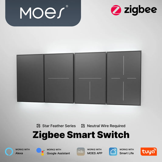 MOES Star Feather Tuya ZigBee Smart Touch Switch US 1/2/3/4 Gang Wall Light Switch Neutral Required Alexa Google Hub Control