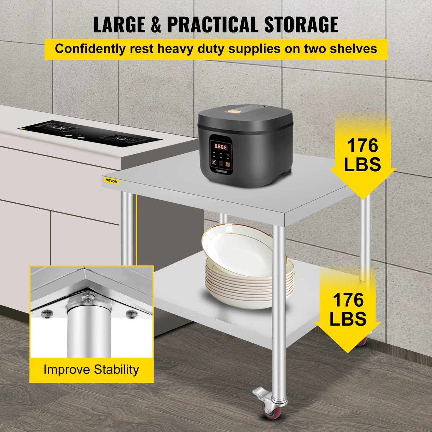 Stainless Steel Kitchen Prep Table With 4 Caster Wheels & Backsplash Loads Up to 100-300KG for Home Storage Rack Dining