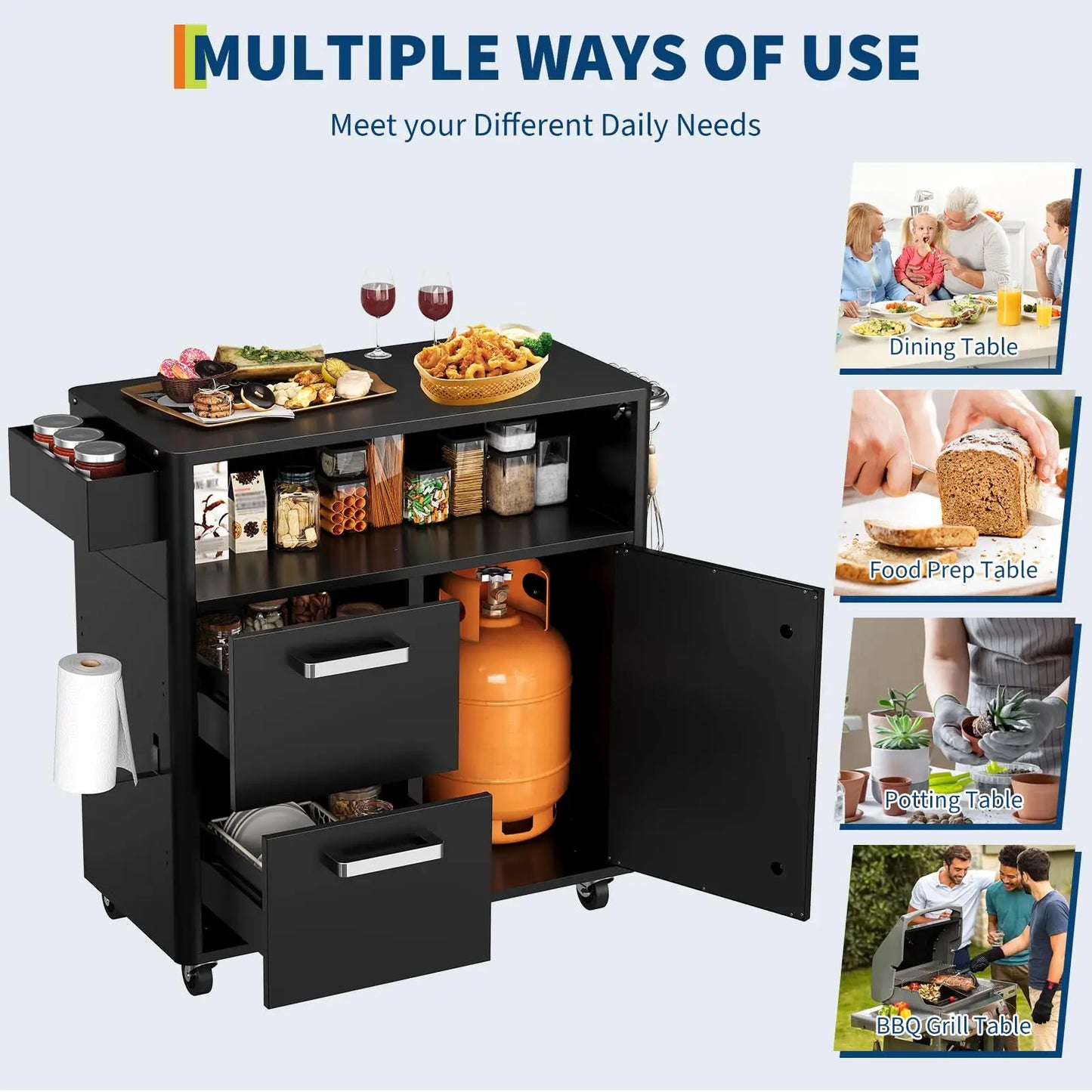 Outdoor Grill Cart With Stainless Steel Prep Table 3 Tier Mobile Kitchen Island With Storage Cabinet And Drawers Lockable Wheels For BBQ Patio Backyard Black