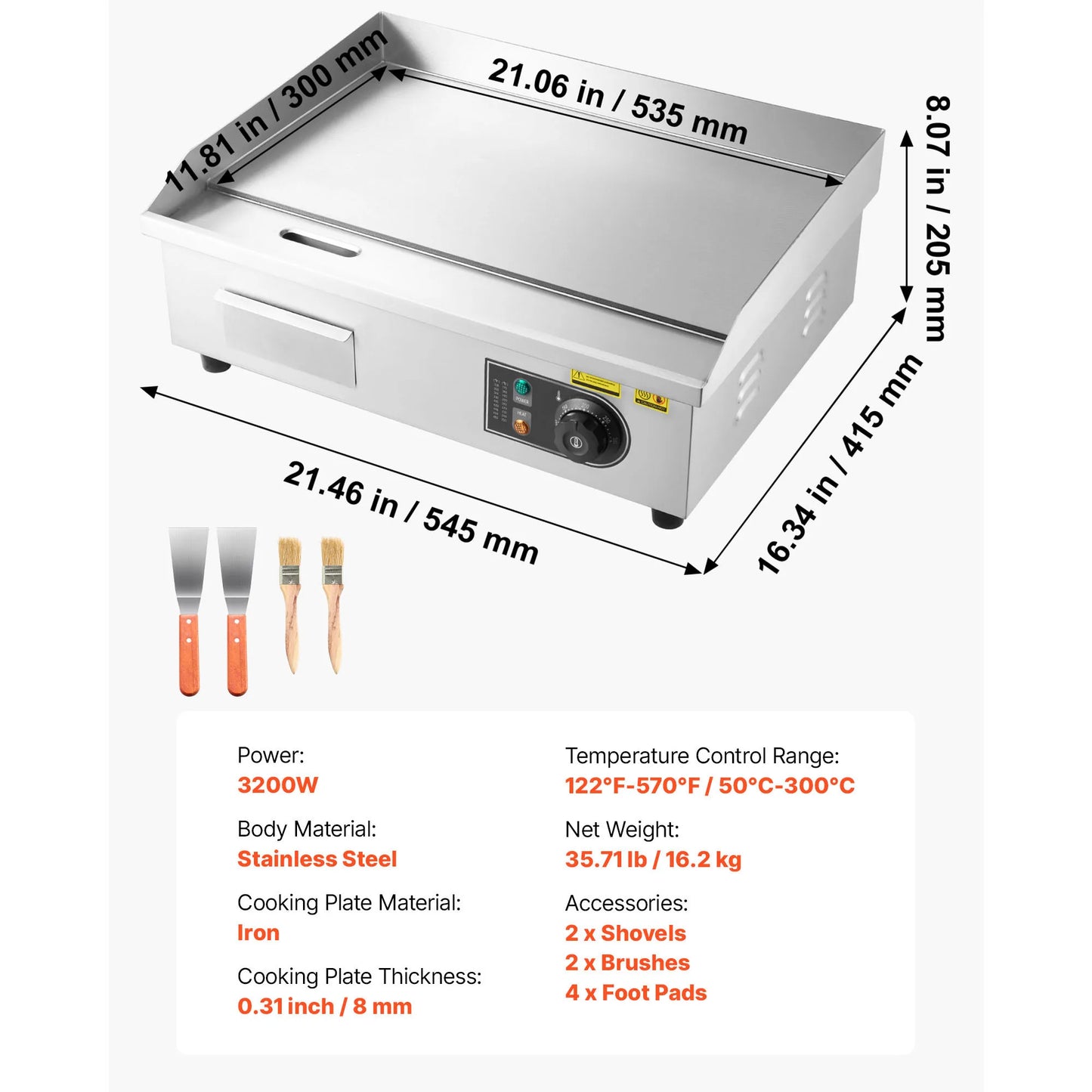 Commercial Electric Griddle 50-300°C Adjustable Temp Control, Stainless Steel Countertop Flat Top Grill for Steak Panc