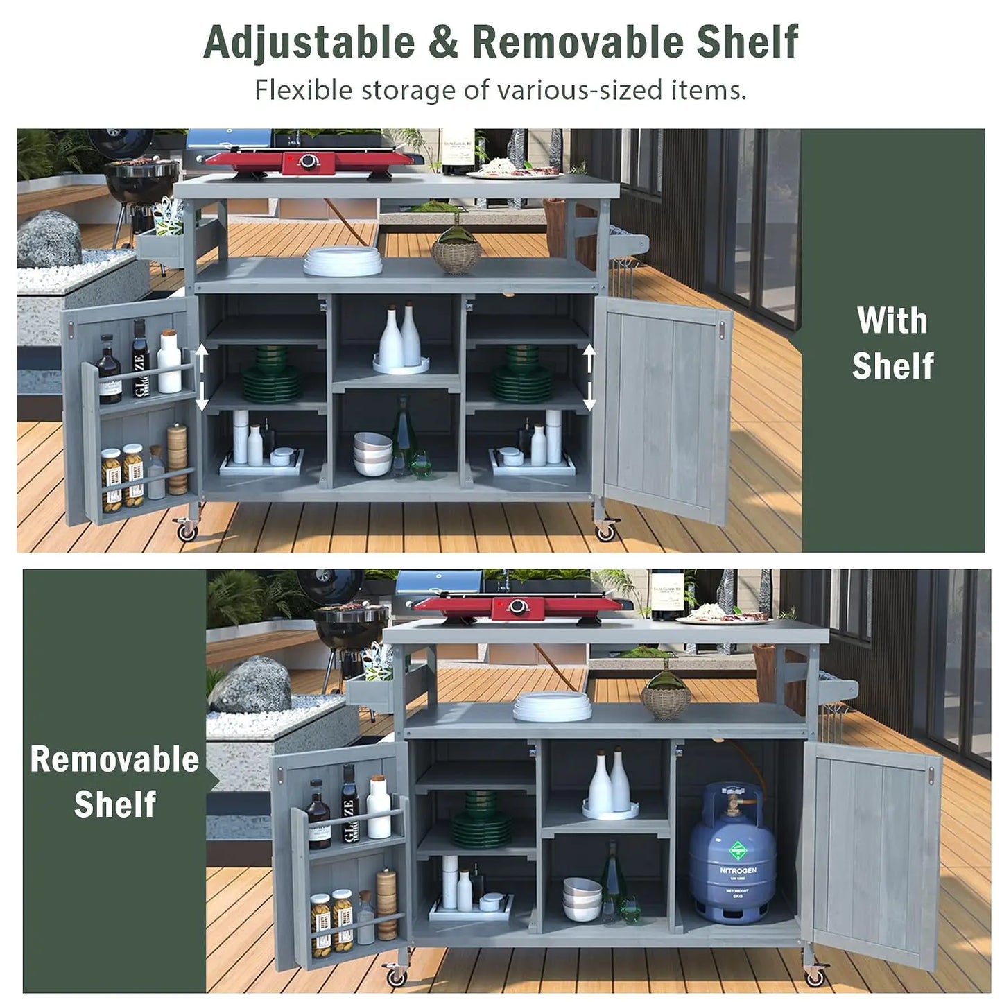 Large Rolling Outdoor Kitchen Island with Storage Cabinet, Wood Grill Table with Steel Top for Kitchen & BBQ, Customized