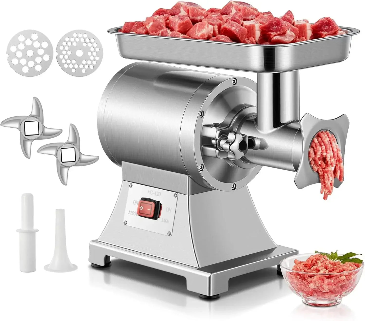 Commercial Meat Grinder, 1100W Electric Meat Grinder Heavy Duty, 330LBS/H Meat Mincer with 2 Blades, 2 Cutting Plates, Sausage T