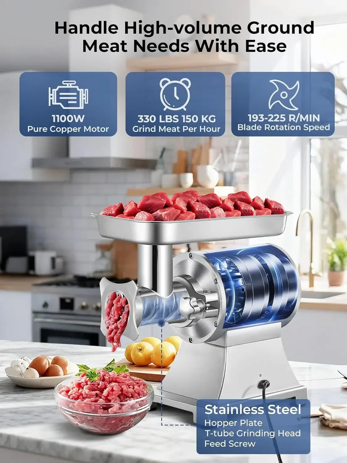 Commercial Meat Grinder, 1100W Electric Meat Grinder Heavy Duty, 330LBS/H Meat Mincer with 2 Blades, 2 Cutting Plates, Sausage T