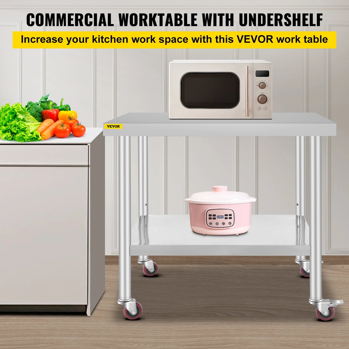 Stainless Steel Kitchen Prep Table With 4 Caster Wheels & Backsplash Loads Up to 100-300KG for Home Storage Rack Dining