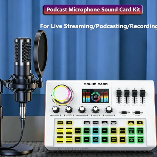 Tenlamp Professional Podcast Equipment Bundle Kit for 4 People, Studio Sound Card with 3.5mm Condenser Mic (Y300-P15B) for PC Smartphone Laptop Computer , Live Audio Mixer Voice Changer for Streaming Singing Gaming Recording
