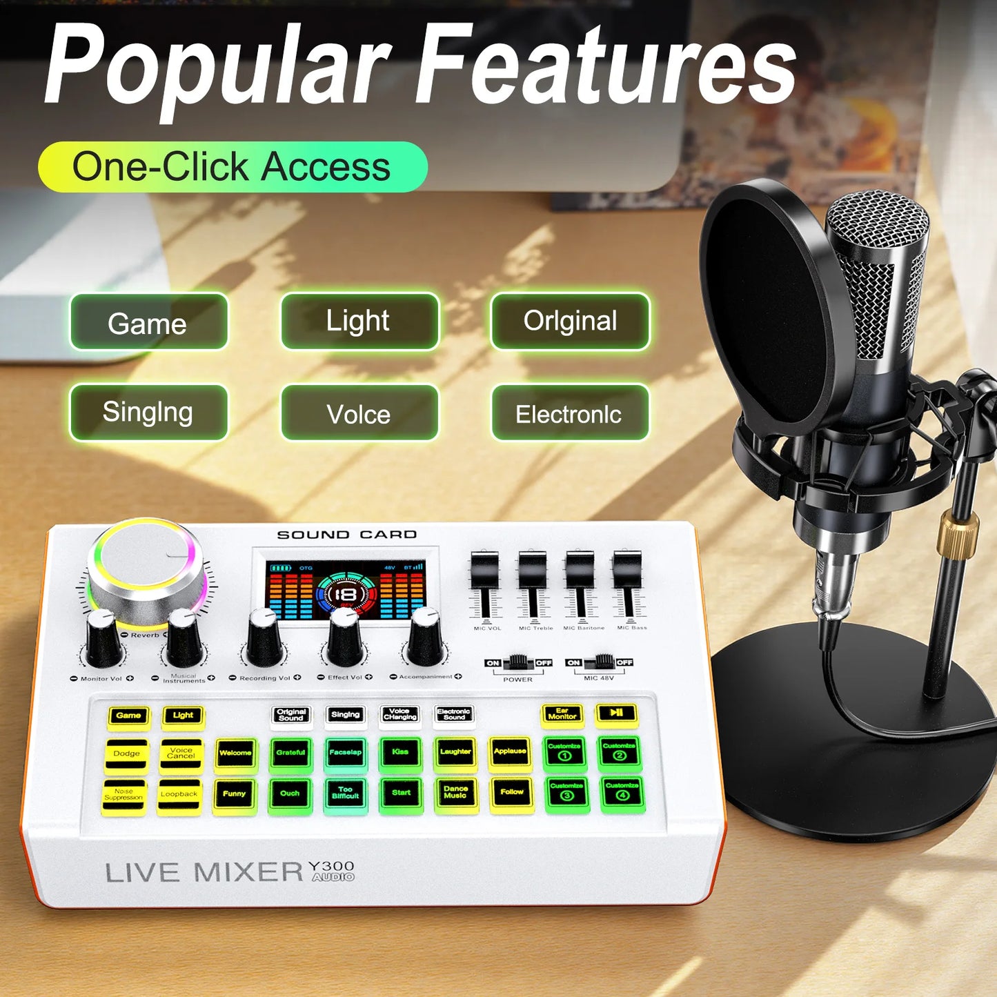 Tenlamp Professional Podcast Equipment Bundle Kit for 4 People, Studio Sound Card with 3.5mm Condenser Mic (Y300-P15B) for PC Smartphone Laptop Computer , Live Audio Mixer Voice Changer for Streaming Singing Gaming Recording