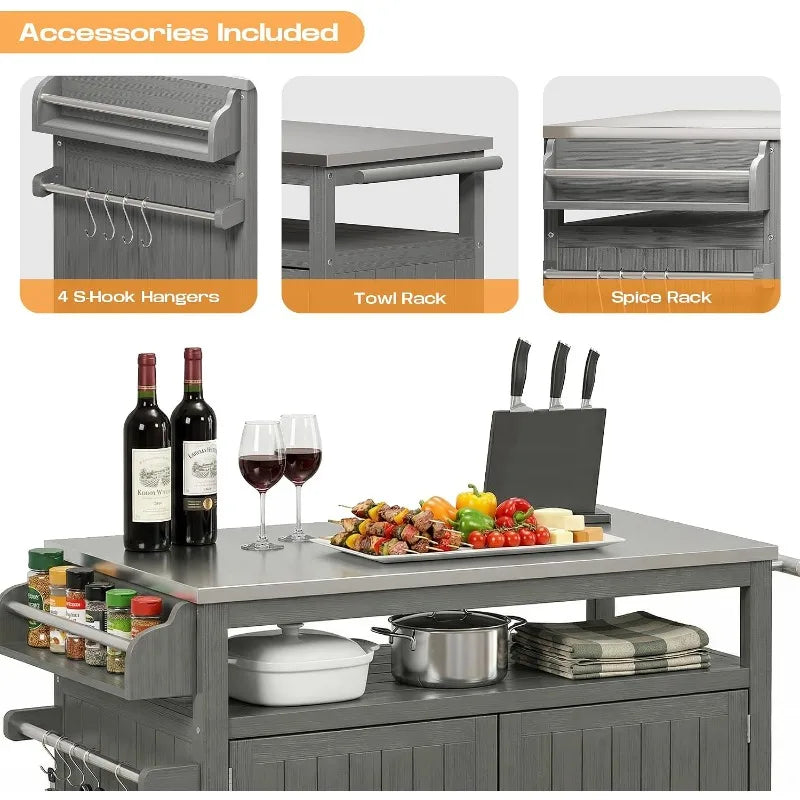 FUQARHY 43.3-Inch Solid Wood Outdoor Kitchen Island with Storage Cabinet, Grill Table with Stainless Steel Top, Outdoor Cooking