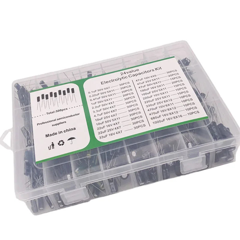 500PCS Electrolytic Capacitor Mixed DIP Electrolyte Capacitors 10V 16V 25V 50V Electronic Kit  0.1uF-1000uf 24Values elektronika