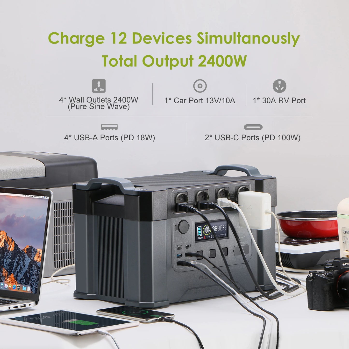 Solar Generator 2400W Battery Charger,110V/230V Pure Sine Wave AC Outlet With 2×100W Portable Solar Panel For Outdoors