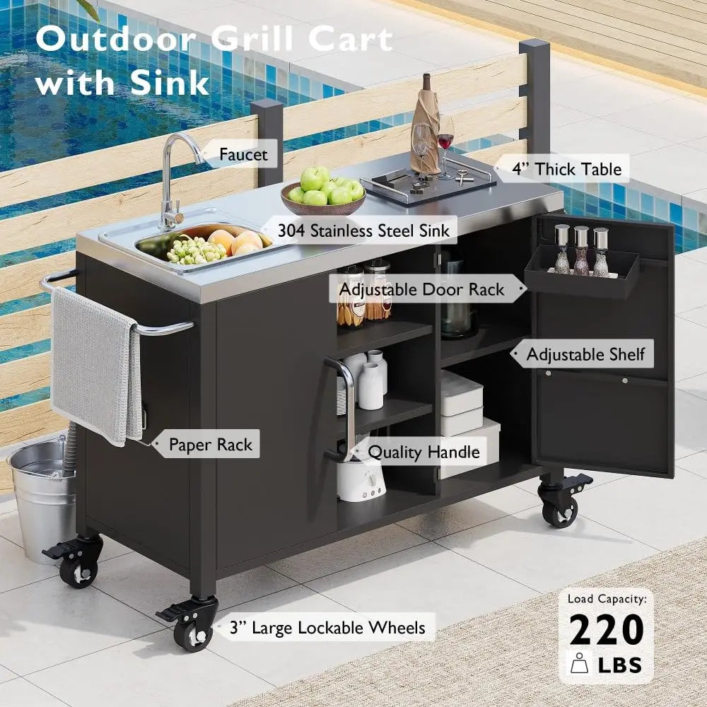 54.5" Outdoor Kitchen Island with Sink, Grill Cart with 4 Locking Wheels, Rolling BBQ Prep Station & Storage Cabinet, Customized