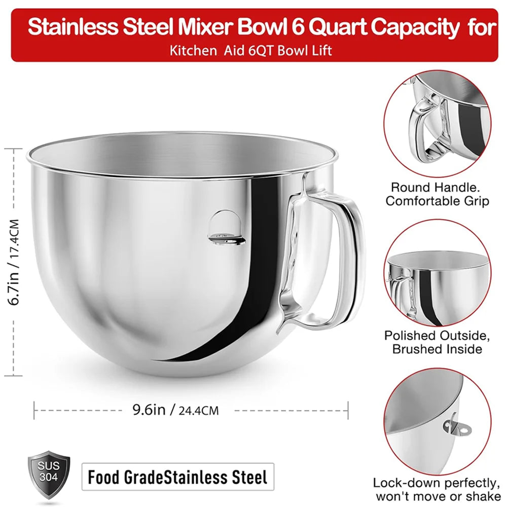 6QT Bowl-Lift Stand Mixer Bowl With Lid,Compatible with Kitchenaid Professional 600 Mixer, Polished Stainless Steel
