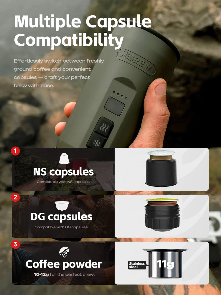 H4C Portable Espresso Coffee Machine 3in1 Travel Coffee Maker 7500mAh Lithium Battery Self-Heating Ns DG Capsule & Ground