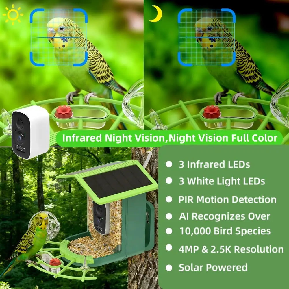 4MP 2.5K WIFI Bird feeder Camera Real Time Bird watching APP Full color Night Vision Smart AI bird recognition with Solar Panel