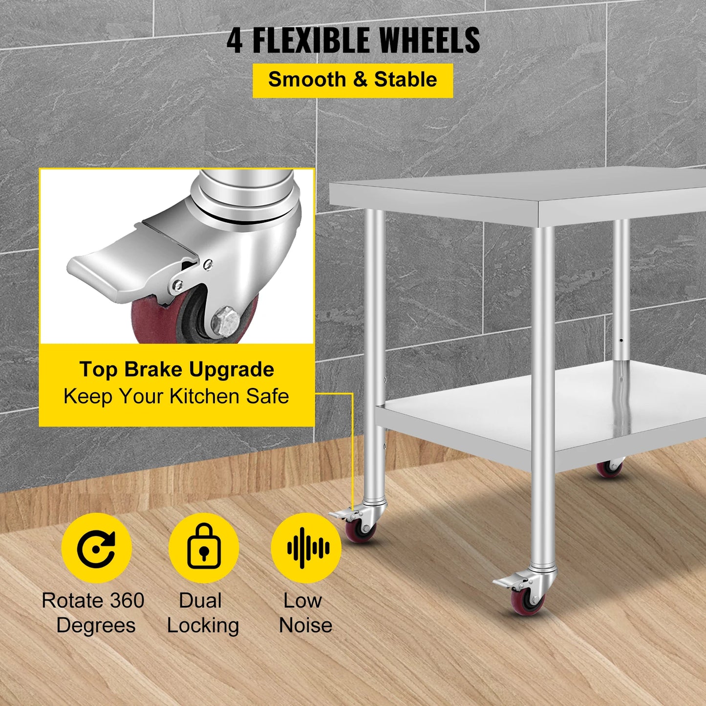 Stainless Steel Kitchen Prep Table With 4 Caster Wheels & Backsplash Loads Up to 100-300KG for Home Storage Rack Dining