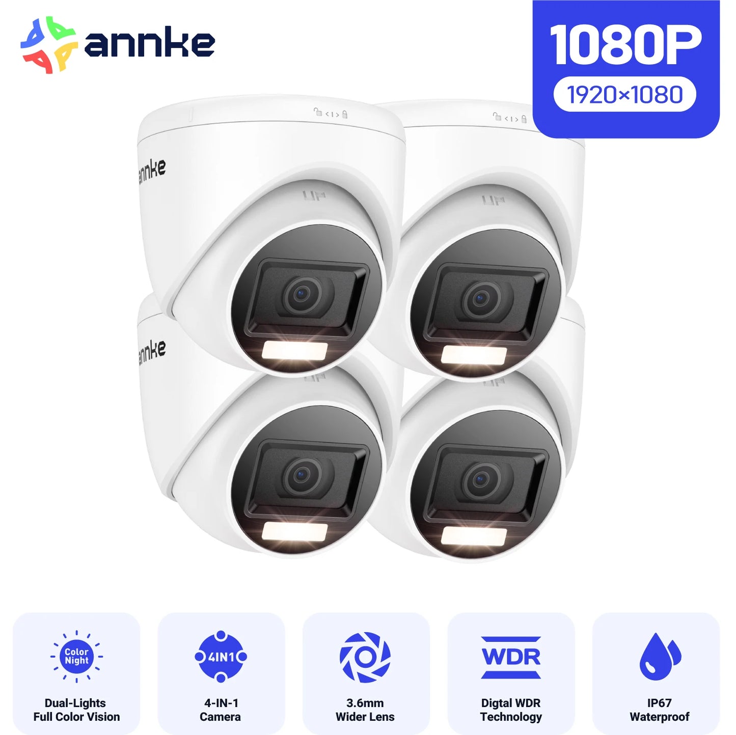 Security Camera Kit 4PCS 2MP Bullet Outdoor Weatherproof Housing 66ft Super Night Vision Smart IR CCTV Camera