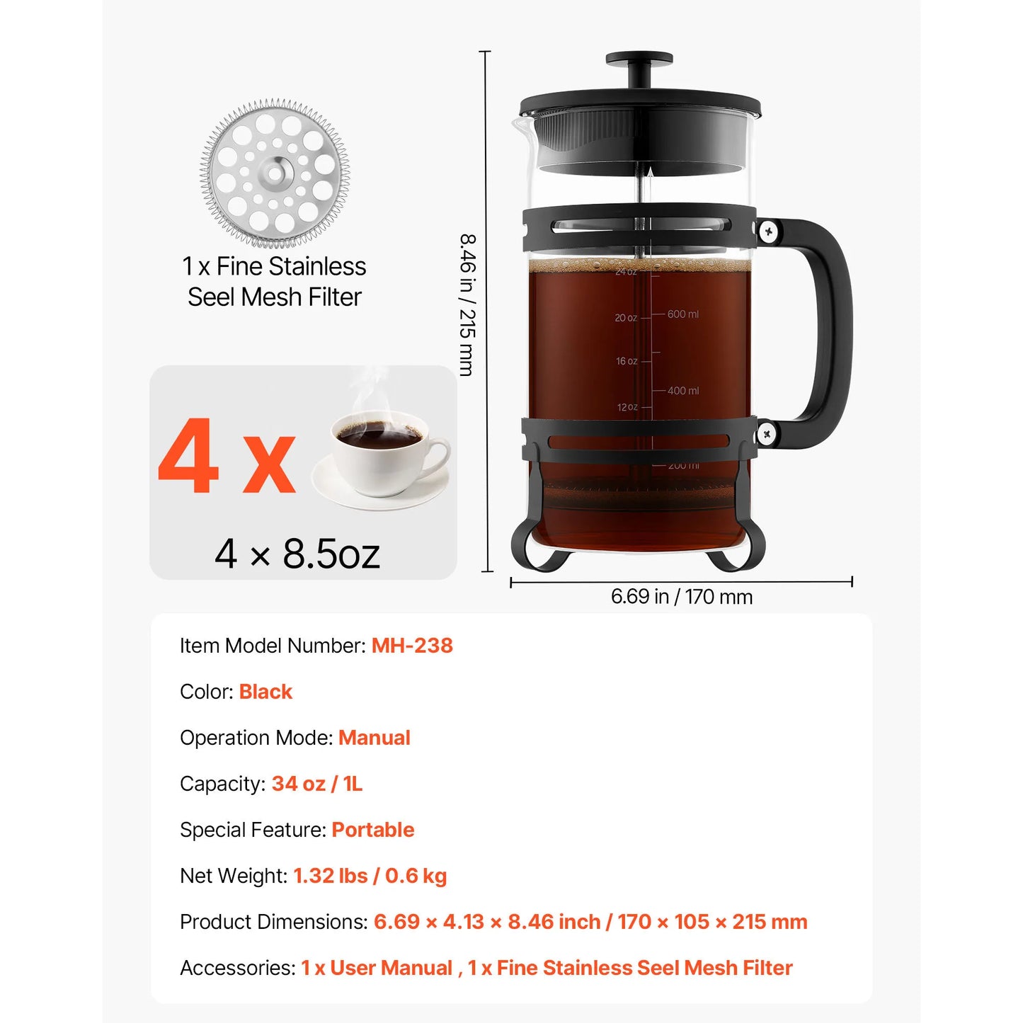 SucceBuy French Press Coffee Maker Borosilicate Glass Coffee Press Tea Maker with Stainless Steel Filter for Camping Travel Home