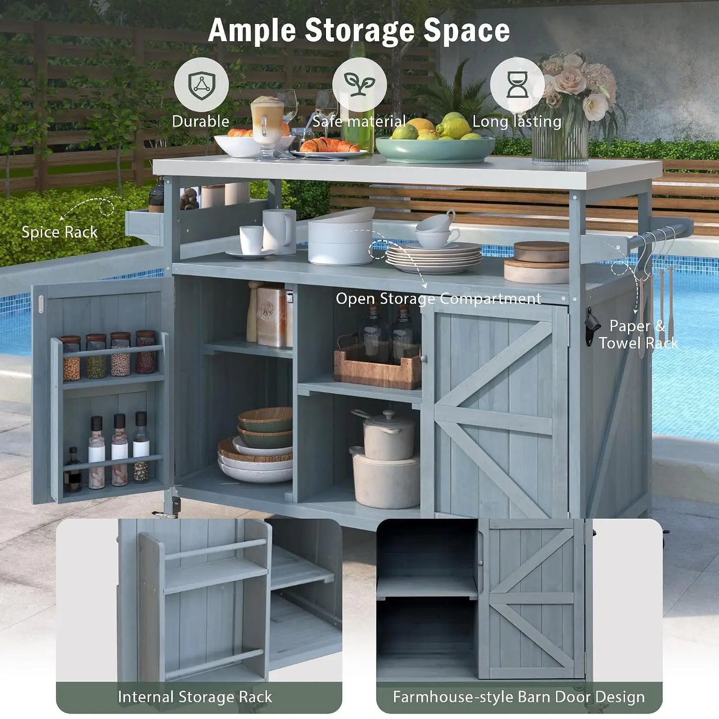 Large Rolling Outdoor Kitchen Island with Storage Cabinet, Wood Grill Table with Steel Top for Kitchen & BBQ, Customized