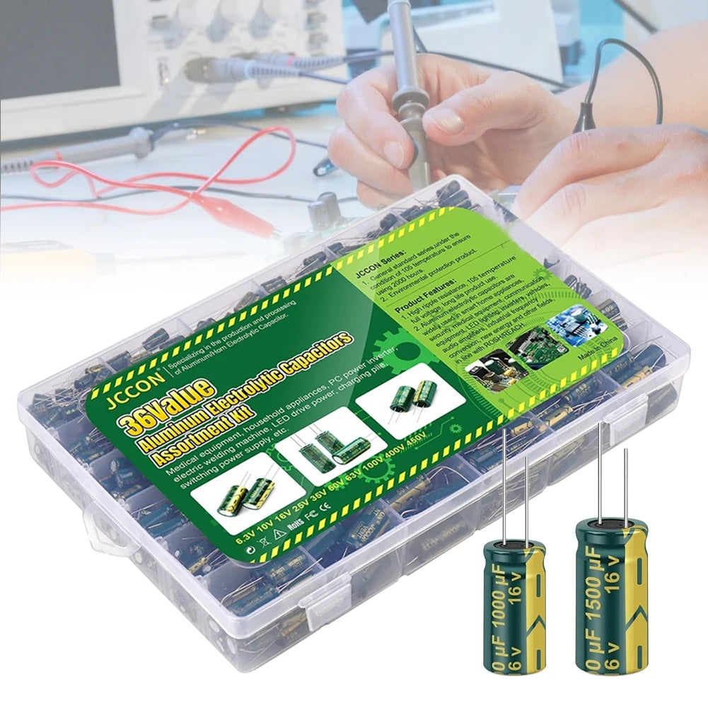 15/24/36 Values 225/460/925Pcs Aluminum Capacitors Set 16V-50V Aluminum Electrolytic Capacitors Assortment Kit with Storage Box