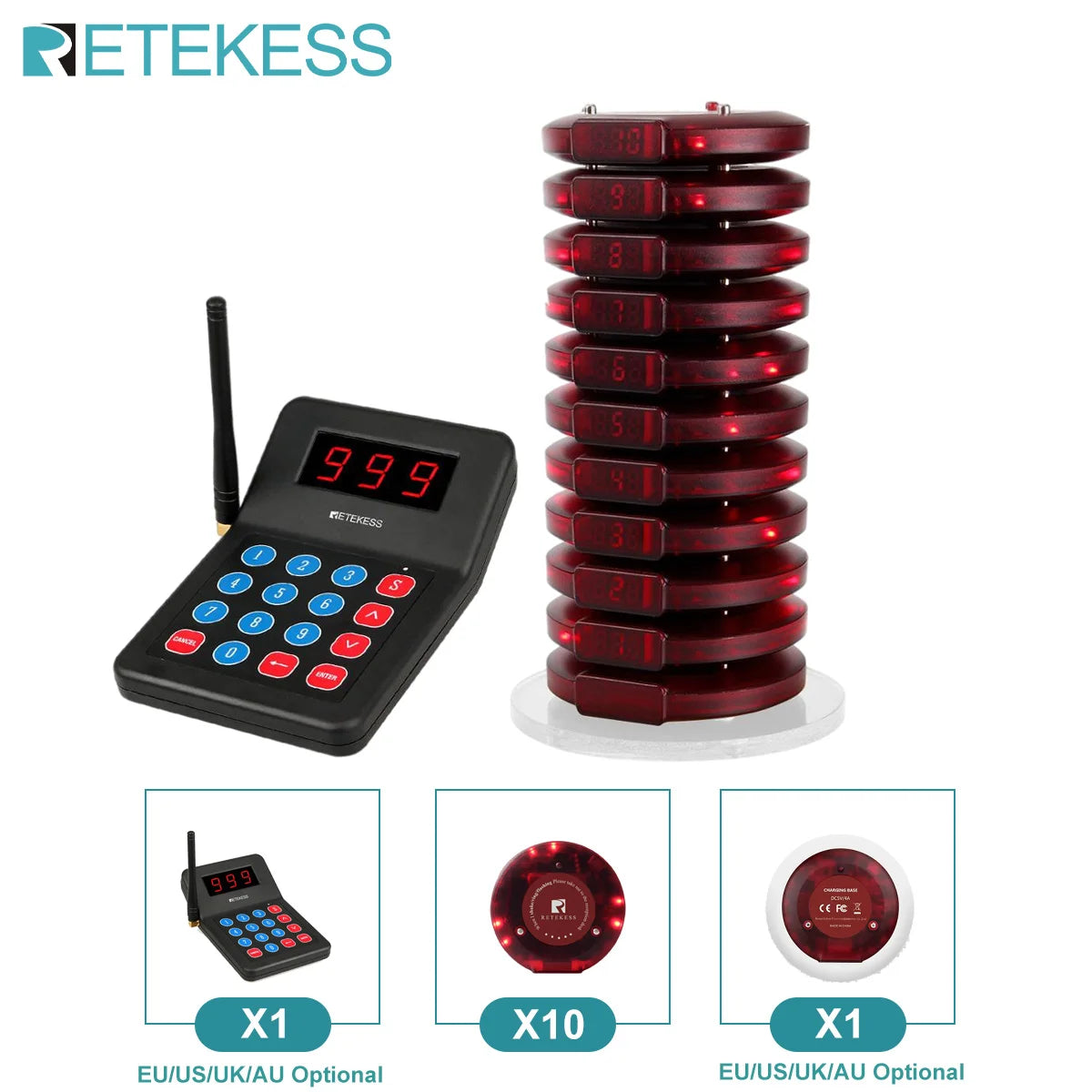 Wireless Restaurant Paging System Coaster Vibrater Buzzer Receiver 2-Way Charge for Cafe Food Trucks