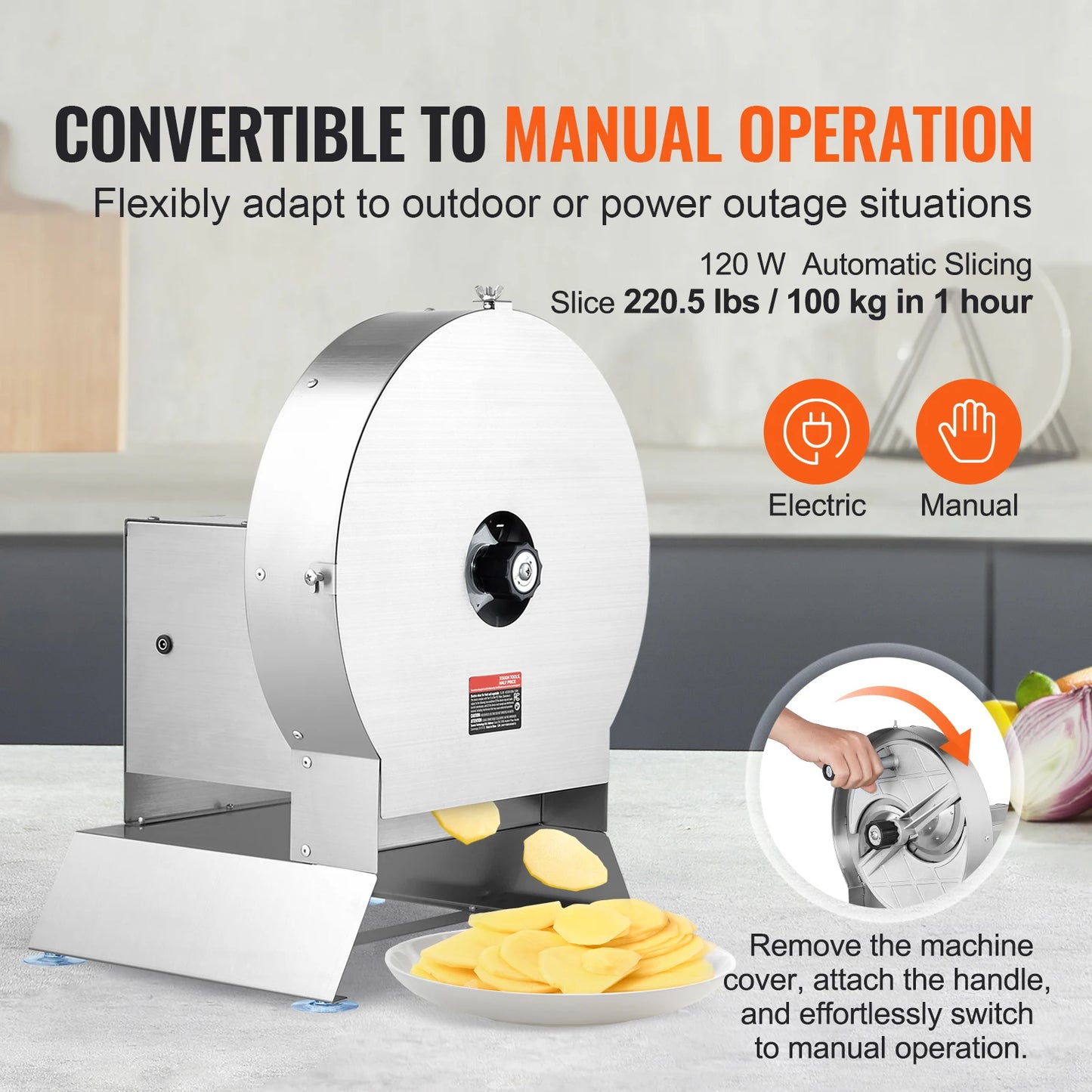 Electric Vegetable Slicer 0-0.5"/0-12mm Thickness Adjustable Commercial Slicer Machine Convertible to Manual FoodCutter