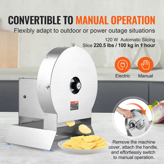 Electric Vegetable Slicer 0-0.5"/0-12mm Thickness Adjustable Commercial Slicer Machine Convertible to Manual FoodCutter