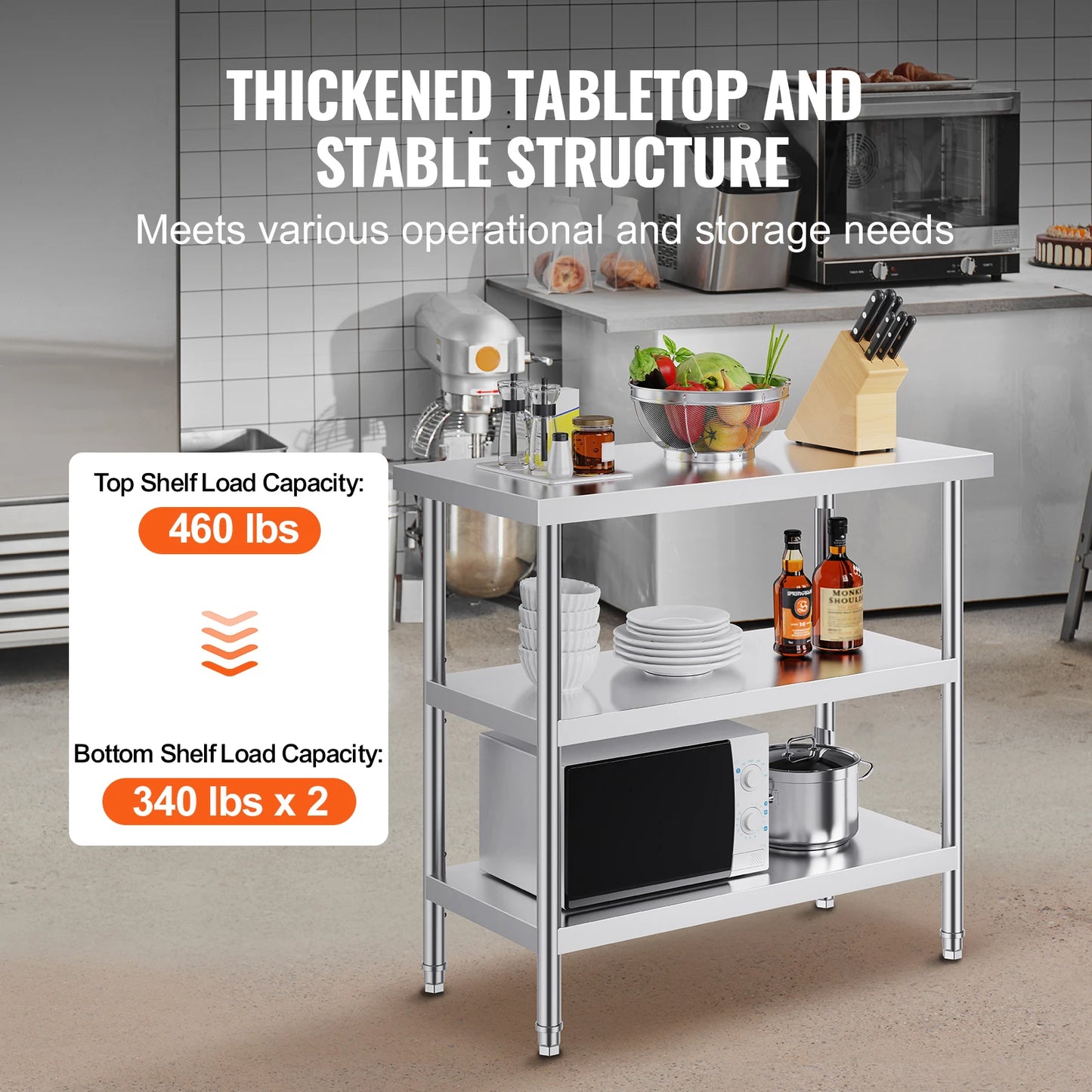Stainless Steel Food Prep Table Commercial Kitchen Worktable with 2 Adjustable Undershelf for BBQ Kitchen Garage
