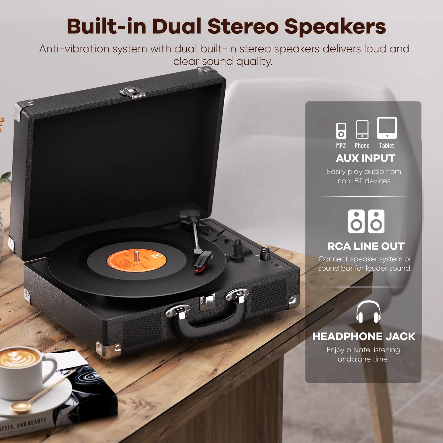 Record Player, 3-Speed 33/45/78RPM Vinyl Spinner with 2 Built-in Stereo Speakers, Headphone Jack