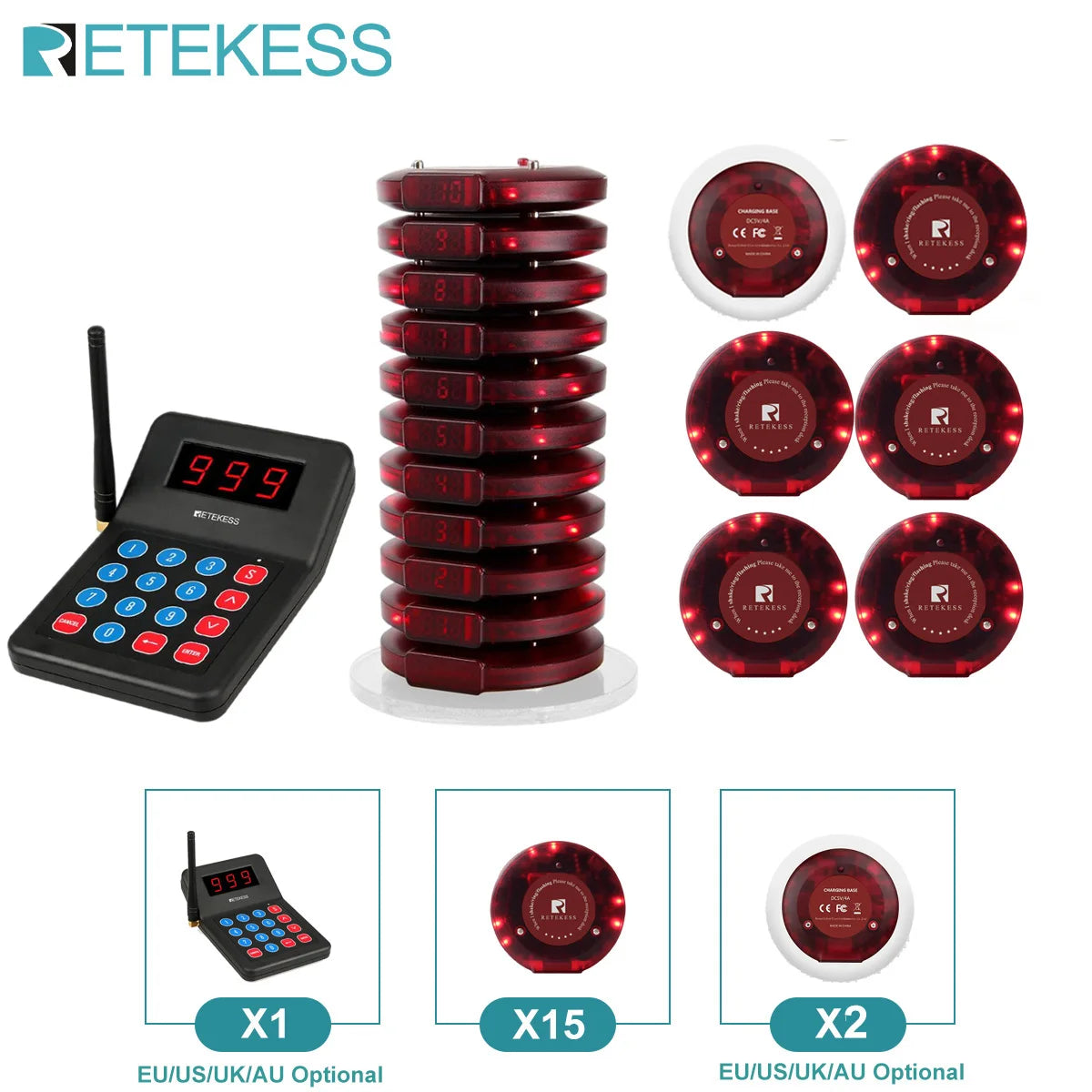 Wireless Restaurant Paging System Coaster Vibrater Buzzer Receiver 2-Way Charge for Cafe Food Trucks