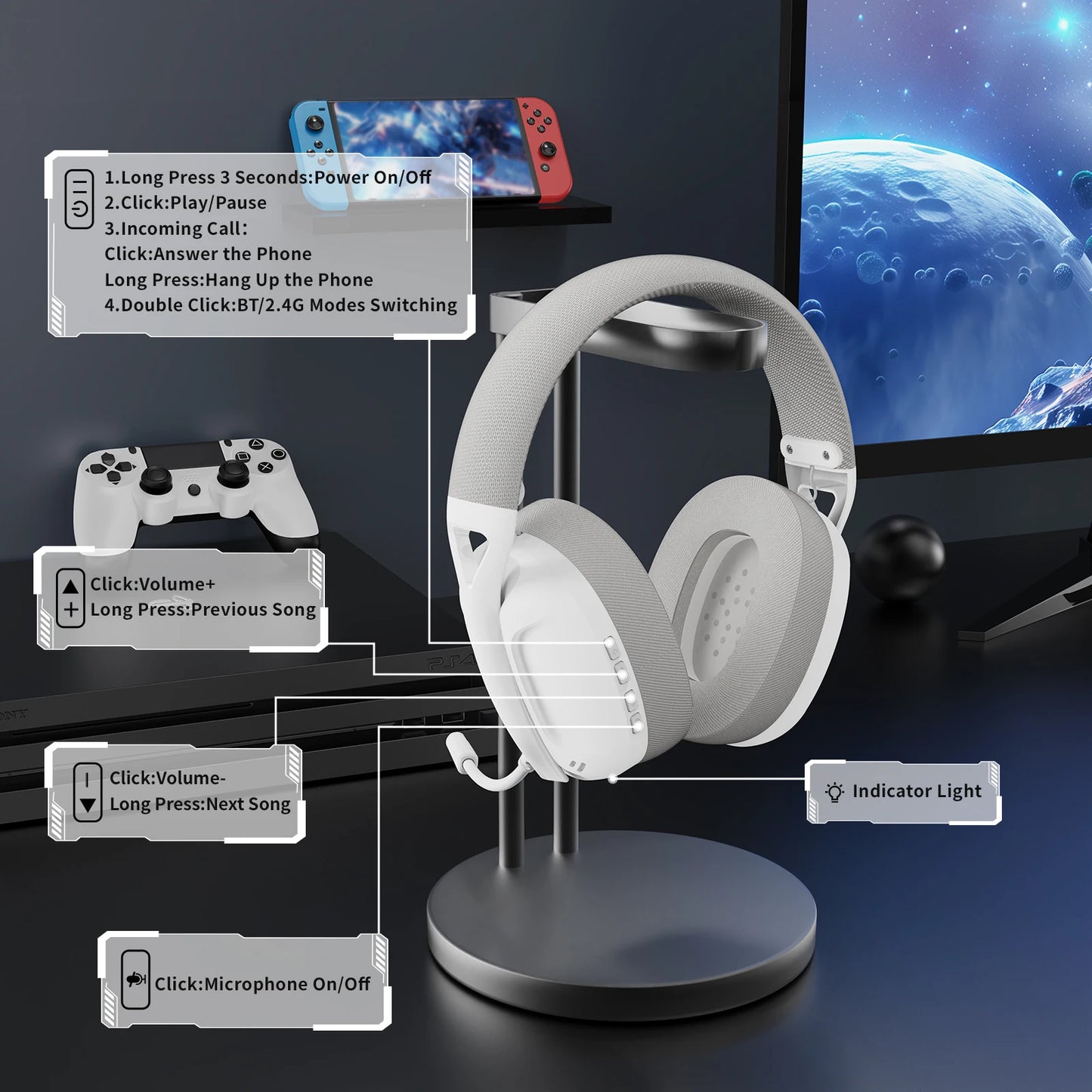 Ultra-Light Tri-Mode Gaming Headset Lightweight Wireless Gaming Headset for PC/PS4/PS5/Switch/Xbox