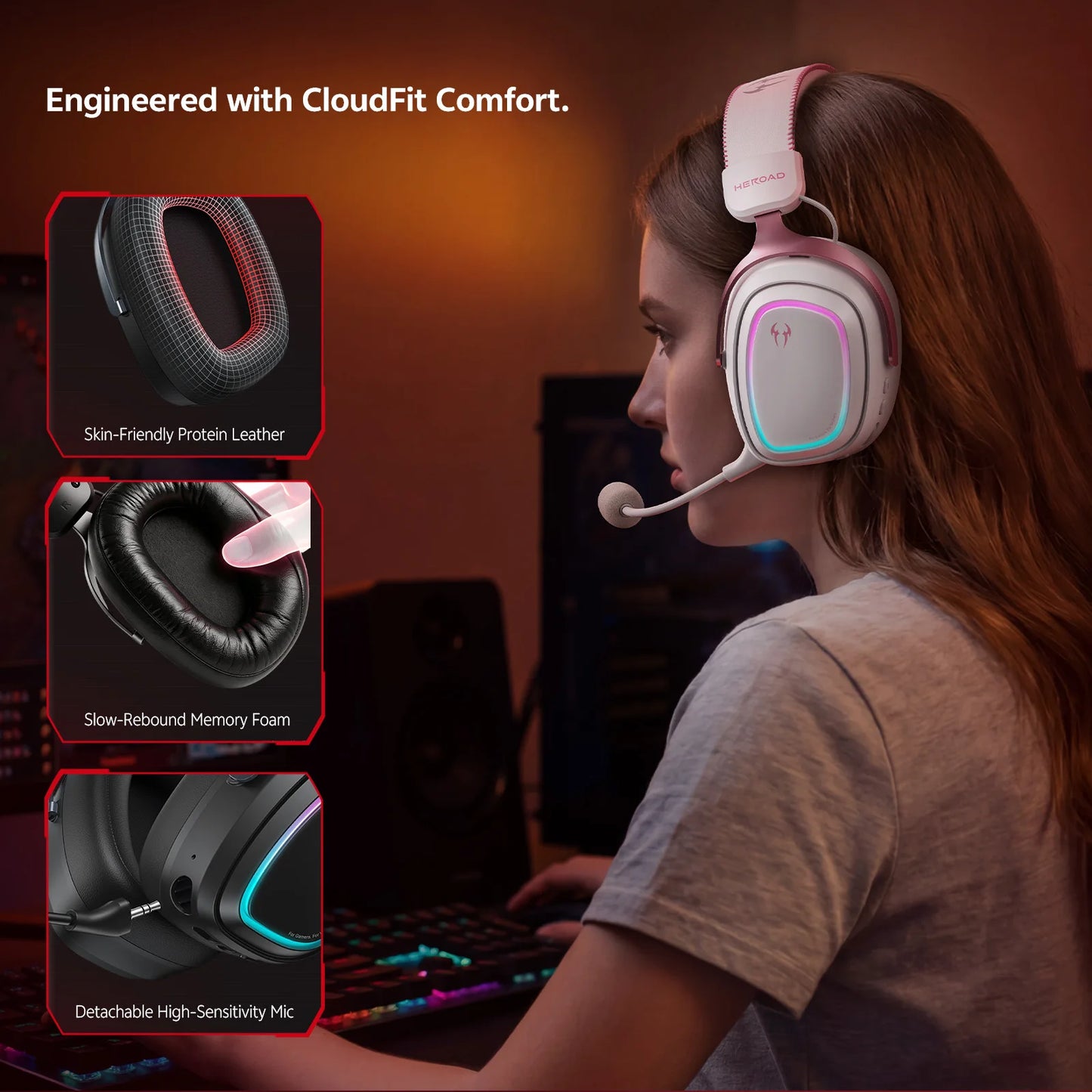 QCY Gaming Headset Heroad GT2 H5GMA THX Spatial Audio+7.1.4 Tri-mode RGB 3Mic ENC Over Ear Headphone for PC/PS5 Headset Gamer