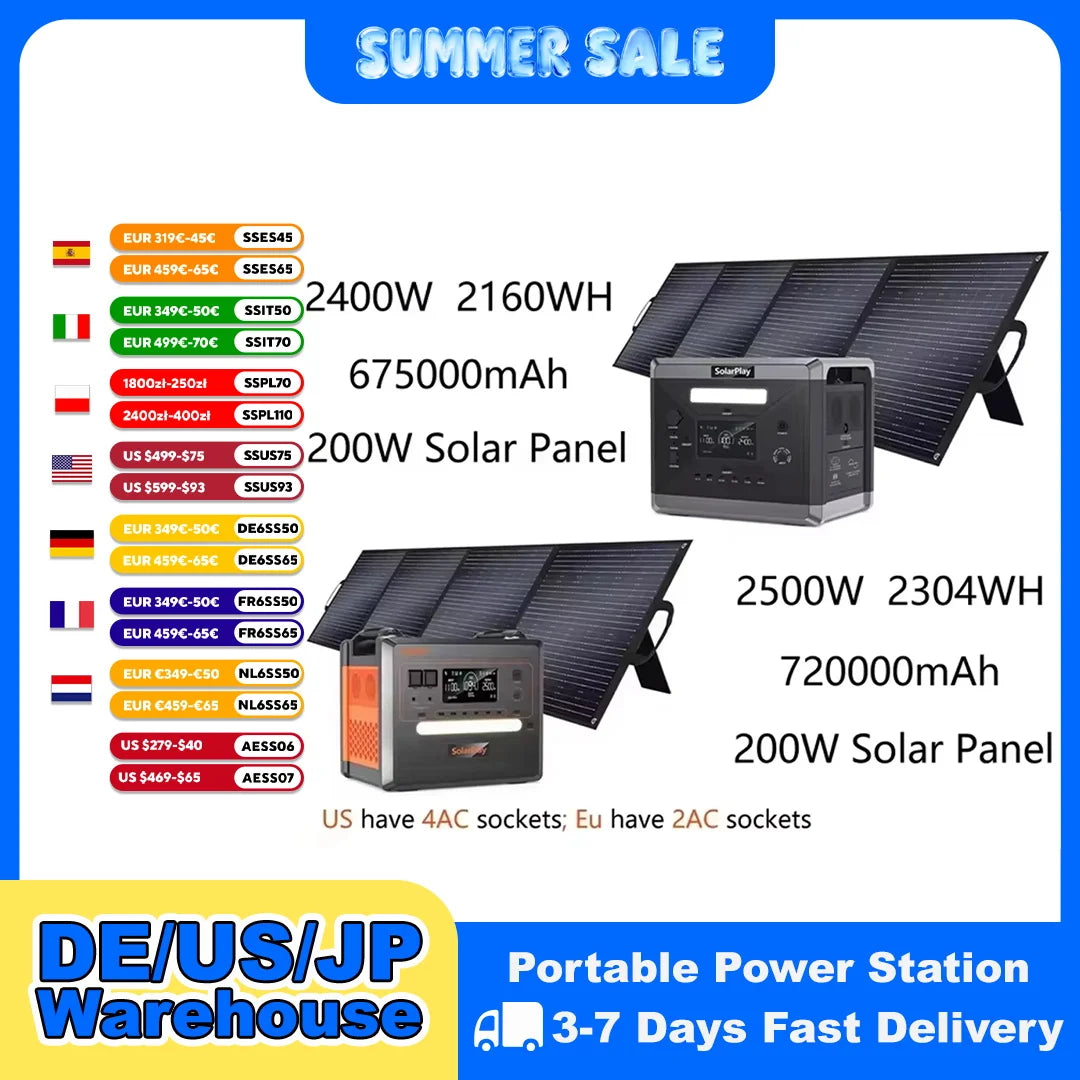 Solar Generator 2160WH 2304WH Long-life LiFePO4 Portable Power Station & 200W Solar Panel  for Home Campervan Up to 2400W Output