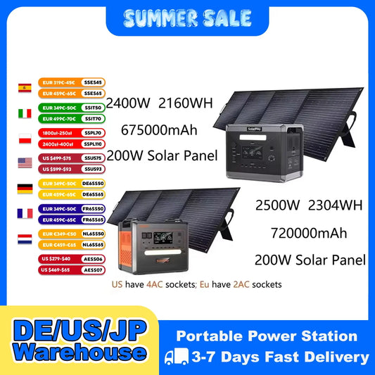 Solar Generator 2160WH 2304WH Long-life LiFePO4 Portable Power Station & 200W Solar Panel  for Home Campervan Up to 2400W Output