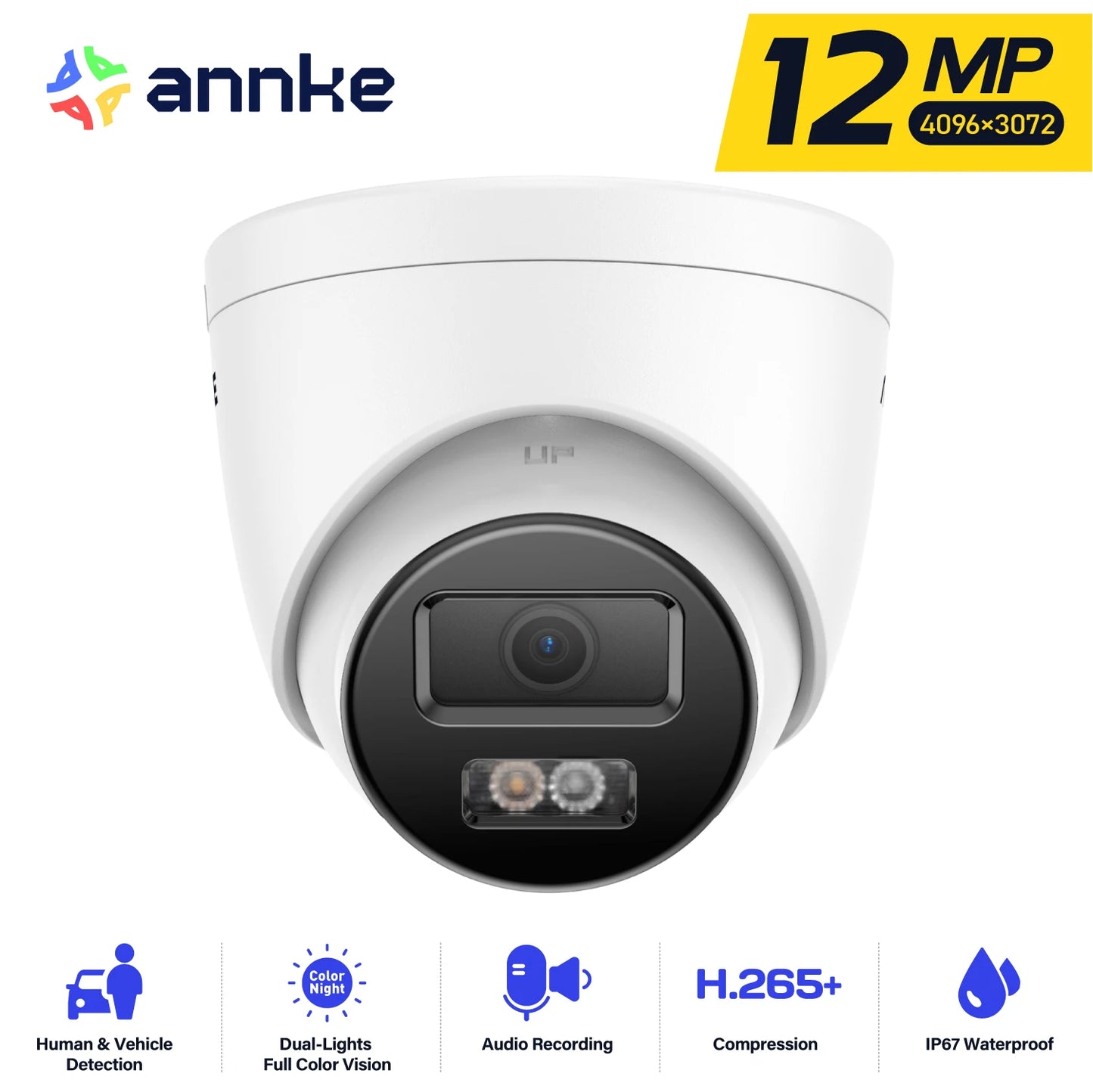 12MP Outdoor Smart Dual Light PoE Security Camera Color IR Night Vision Built-in Microphone IP67 Smart Home H.265+
