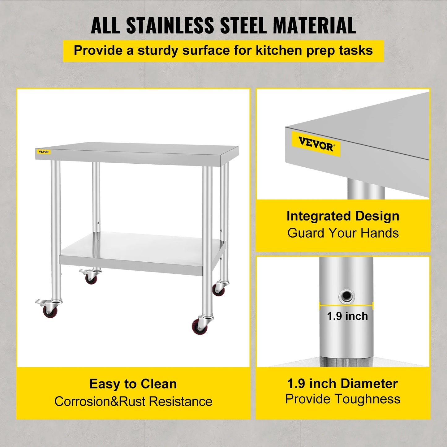 Stainless Steel Kitchen Prep Table With 4 Caster Wheels & Backsplash Loads Up to 100-300KG for Home Storage Rack Dining